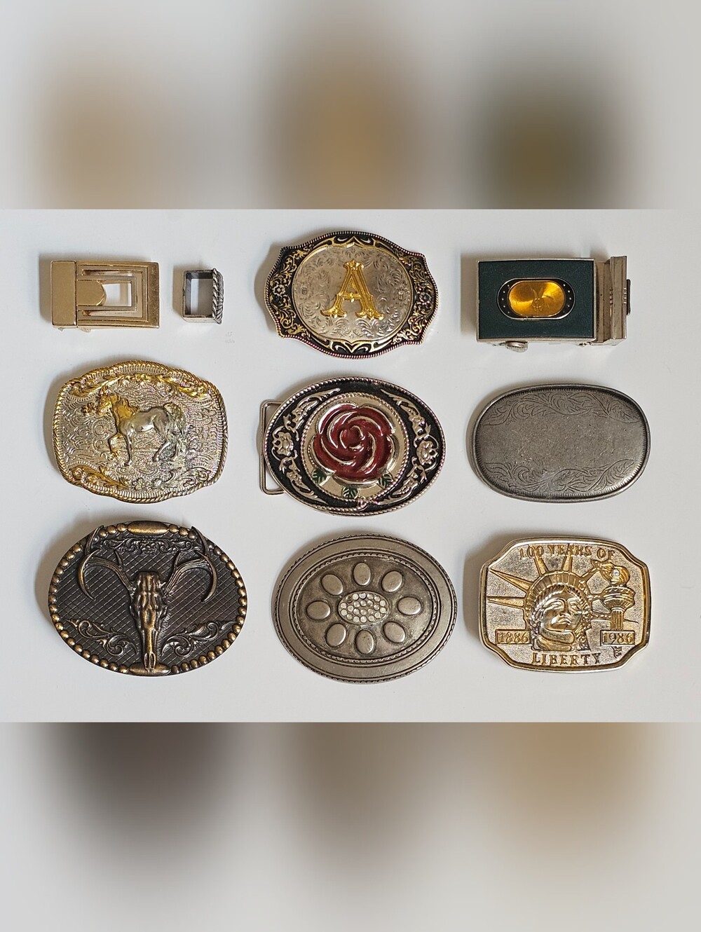 Lot of 9 Vintage Belt Buckles Western Playboy 1986 Liberty Skull Rose Horse